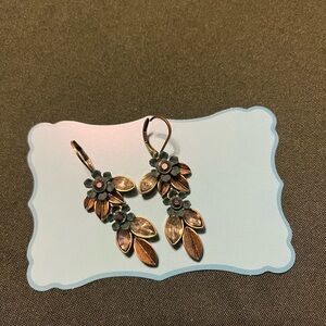 Vintage Blue Floral Drop Earrings in Gold Tone with Light Green CZ Leaf Accents